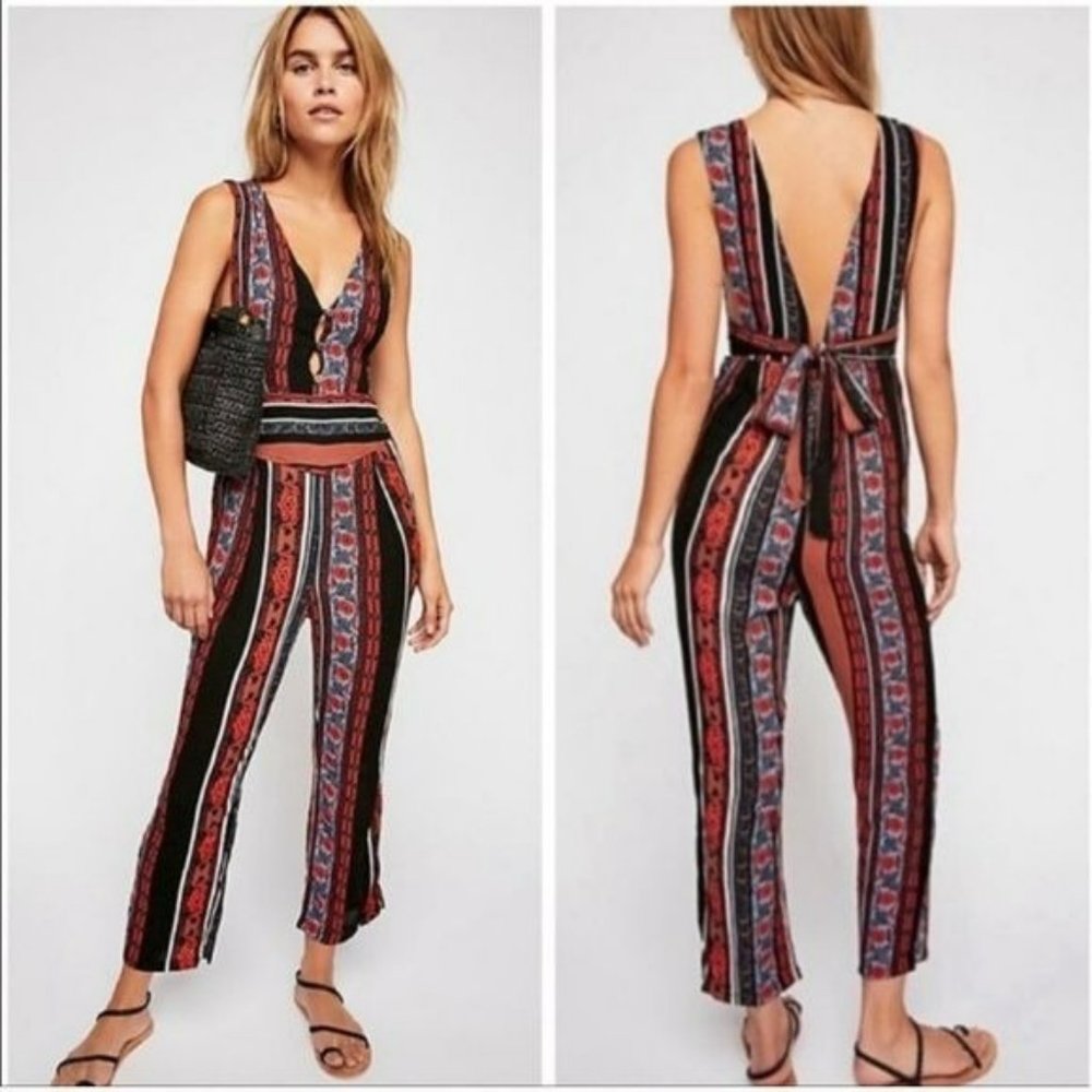 Free People All Shook Up Floral Stripe Jumpsuit Size 2 Boho